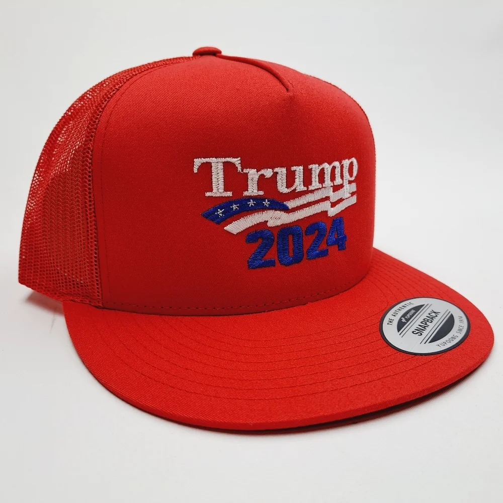 Trump 2024 MAGA Flat Bill Trucker Mesh Snapback Cap Hat Red